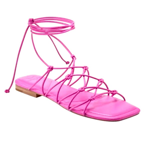 New Marc Fisher Monnie Hot Pink Leather Lace Up Strap Square Toe Sandal 7 - Picture 1 of 4